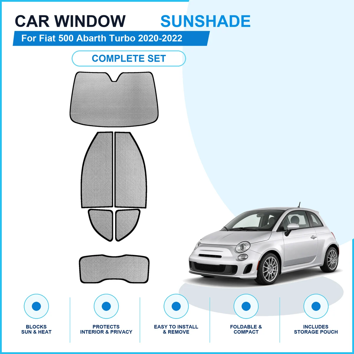 For Fiat 500 Abarth Turbo 2020-2022 Custom Full Set Window Sunshades Aluminum Foil Suction Cup Anti UV Privacy