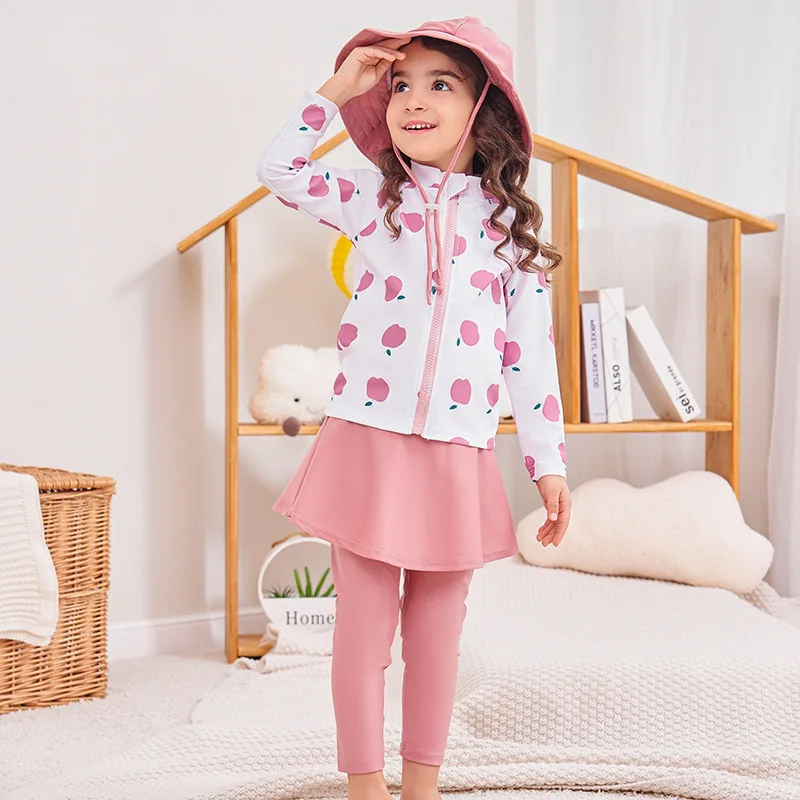 

Children's Swimsuit Girls' Split Apple Long Sleeved Long Pants Skirt Sun Protection Hat Quick Drying Zipper Cardigan Swimsuit