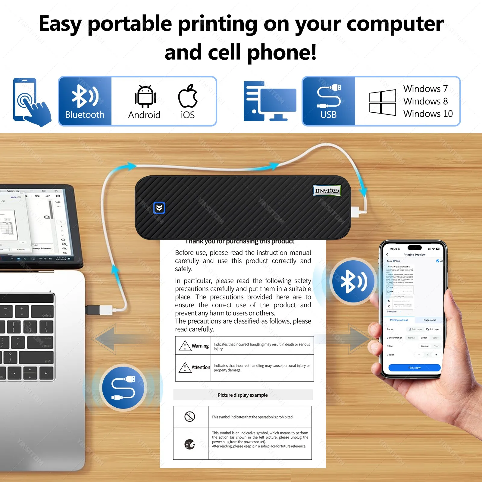 200/300dpi A4 Thermal Printer Mini Bluetooth Mobile Inkless Portable Wireless Maker Support Letter A4 Size Thermal Paper Machine