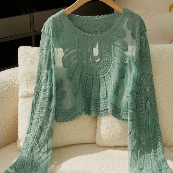 2026 Women's Solid Round Neck Hollow Out Cropped Long Sleeve Lace Cover Up Top Elegant Slimming Versatile Commuter Female Blouse