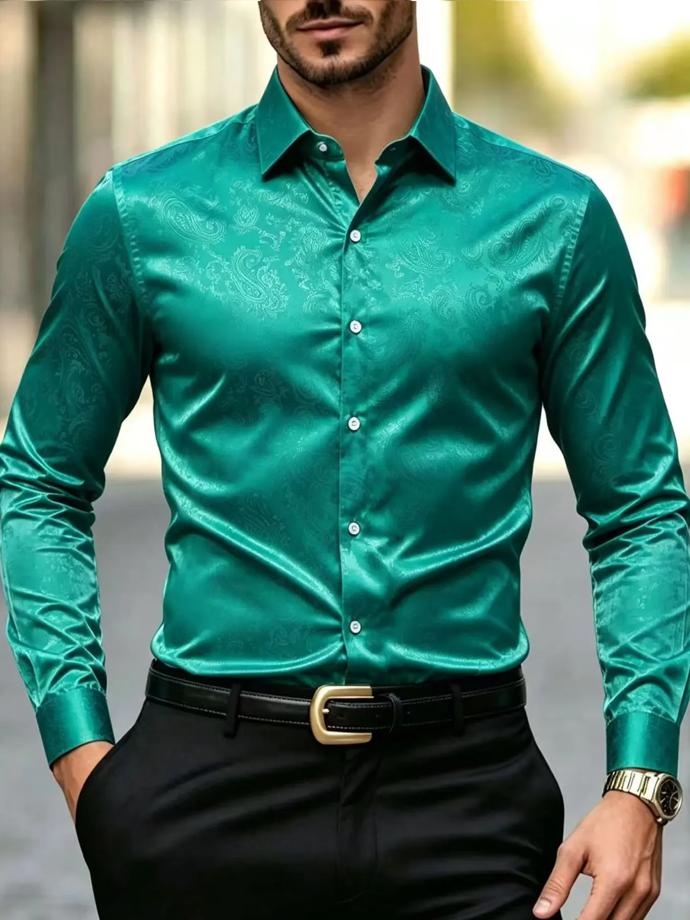 2026 Men's Fashionable Thin Jacquard Shirts Men's Casual Long Sleeve Lapel Shirts Men's Solid Color Shirts Satin Shirts