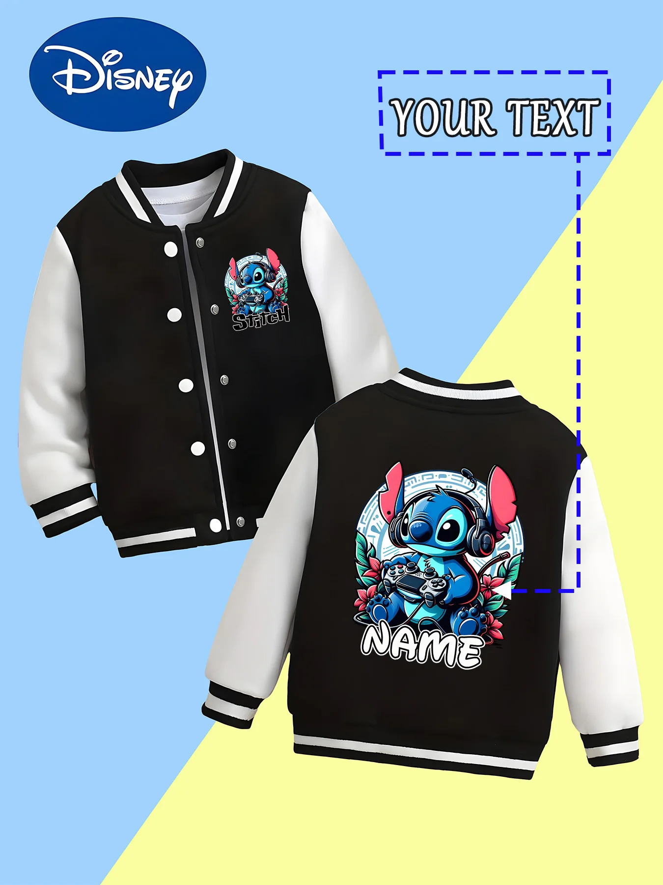 

MINISO Disney Stitch Boys Baseball Jacket - Stitch plays games with headphones, creating a stylish and personalized look with "N