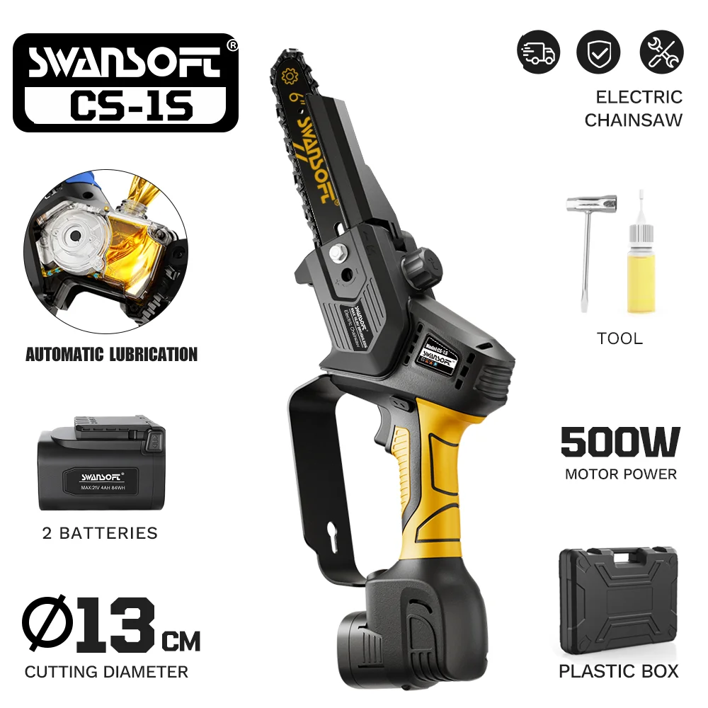 

SWANSOFT CS-1S 6-дюймовая бесщеточная аккумуляторная бензопила Ручная электрическая бензопила для резки дерева Обрезка деревьев и сада