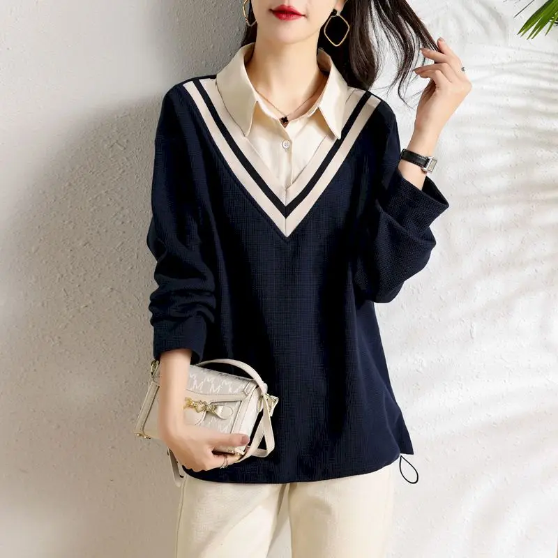 High-grade Pullovers Women Fashion Polo Fake Two-piece Tops Casual Outerwear Spring Autumn Trend Thin Oversized Loose Pullover