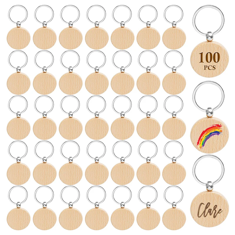 100Pcs Wood Keychain Blank Unfinished Round Wood Key Tag Wood Blank Key Chain