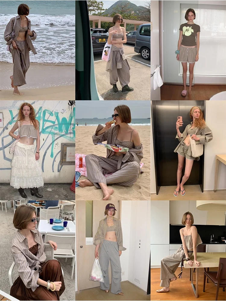 

Повседневные свободные брюки в полоску, комплект бикини, женский весенний хлопковый ансамбль для юных женщин в их 20-х и 30-х годов