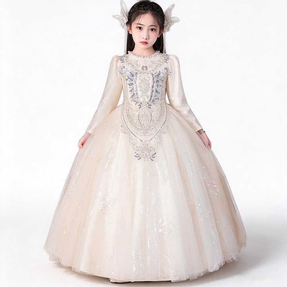 Luxury Girls Pageant Prom Evening Party Dress Champagne Long Sleeve Princess Piano Recital Dinner Birthday Wedding Gown For Kids