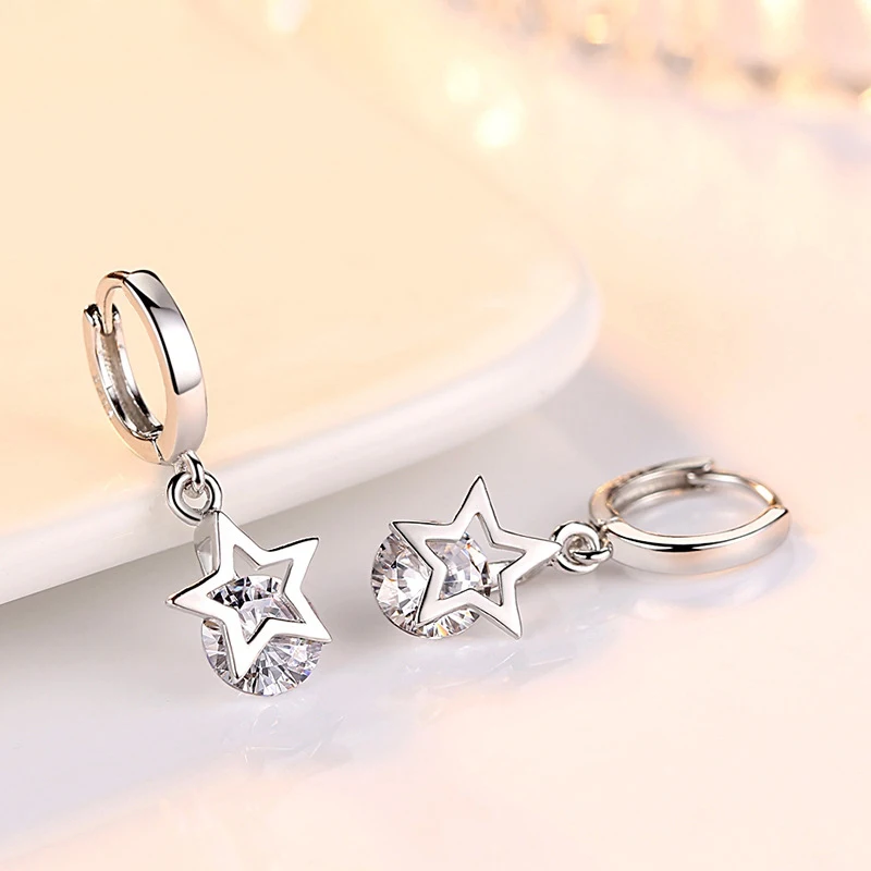 925 Sterling Silver Earrings Simple Delicate Silver Sparkling Zircon Star Earrings For Women Brincos Pendientes