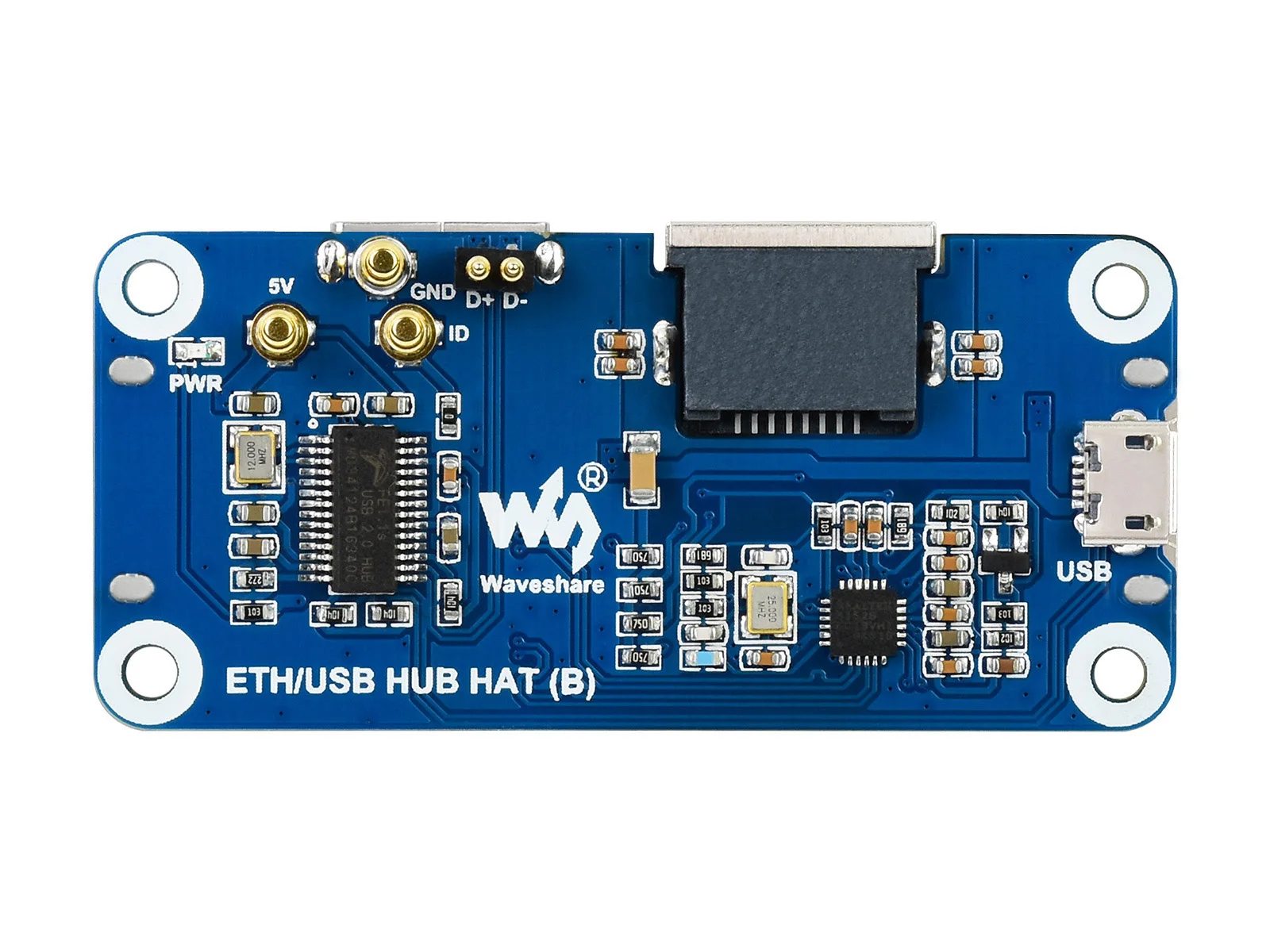 Picture 5: Waveshare Ethernet / USB HUB HAT (B) for Raspberry Pi 5/4B/3B, 1x RJ45 Ethernet Port, for Raspberry Pi 5/4B/3B/Pi Zero/Zero W