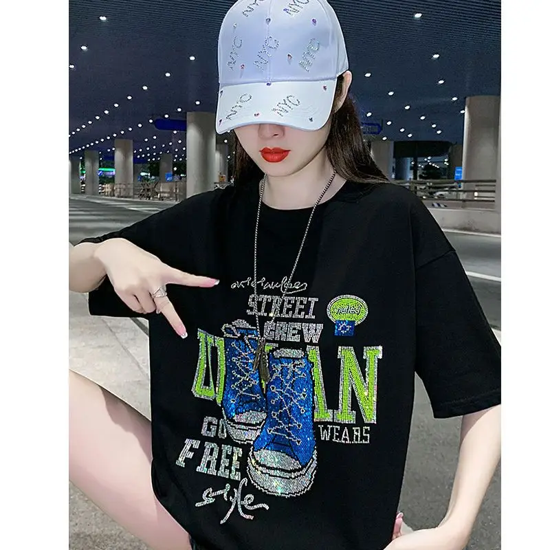 T-shirt surdimensionné Flash Diamond, vêtements de repassage, gros MM pur coton, haut à manches courtes pour femmes