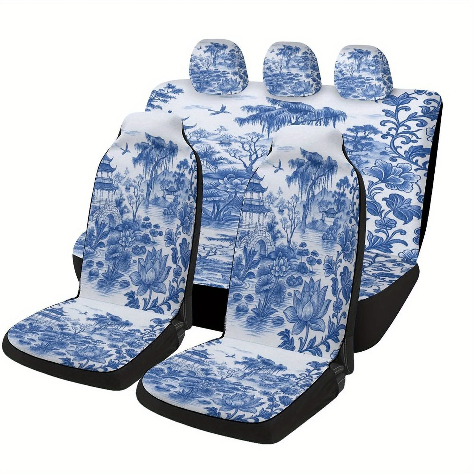 Blue Willow Garden Designed Car Seat Covers Set For Most Cars, Trendy Novelty Decorative Car Seat Protector Covers Full Set, Ca