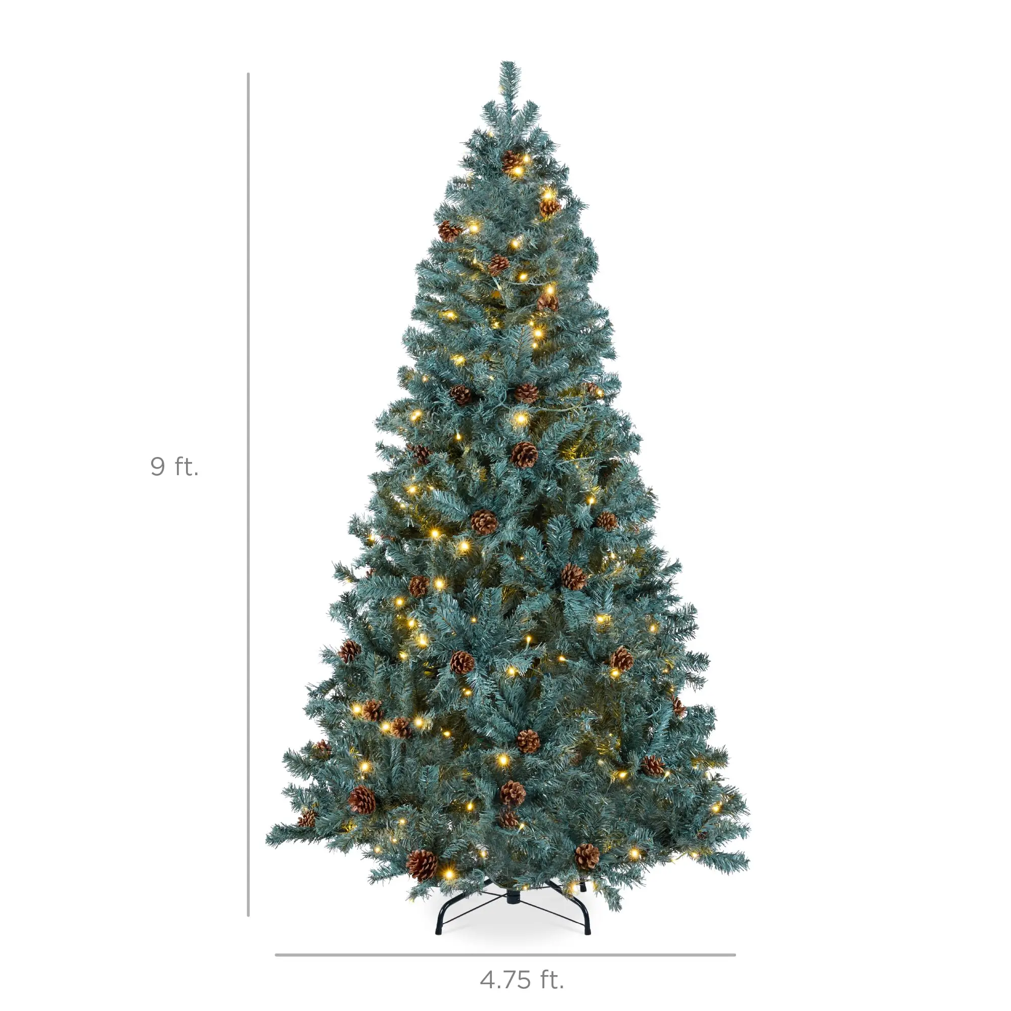 9ft Pre-Lit Pre-Decorated Pine Artificial Christmas Tree w/ 2,028 Tips, 108 Pinecones, 850 Lights, Base – Blue Spruce