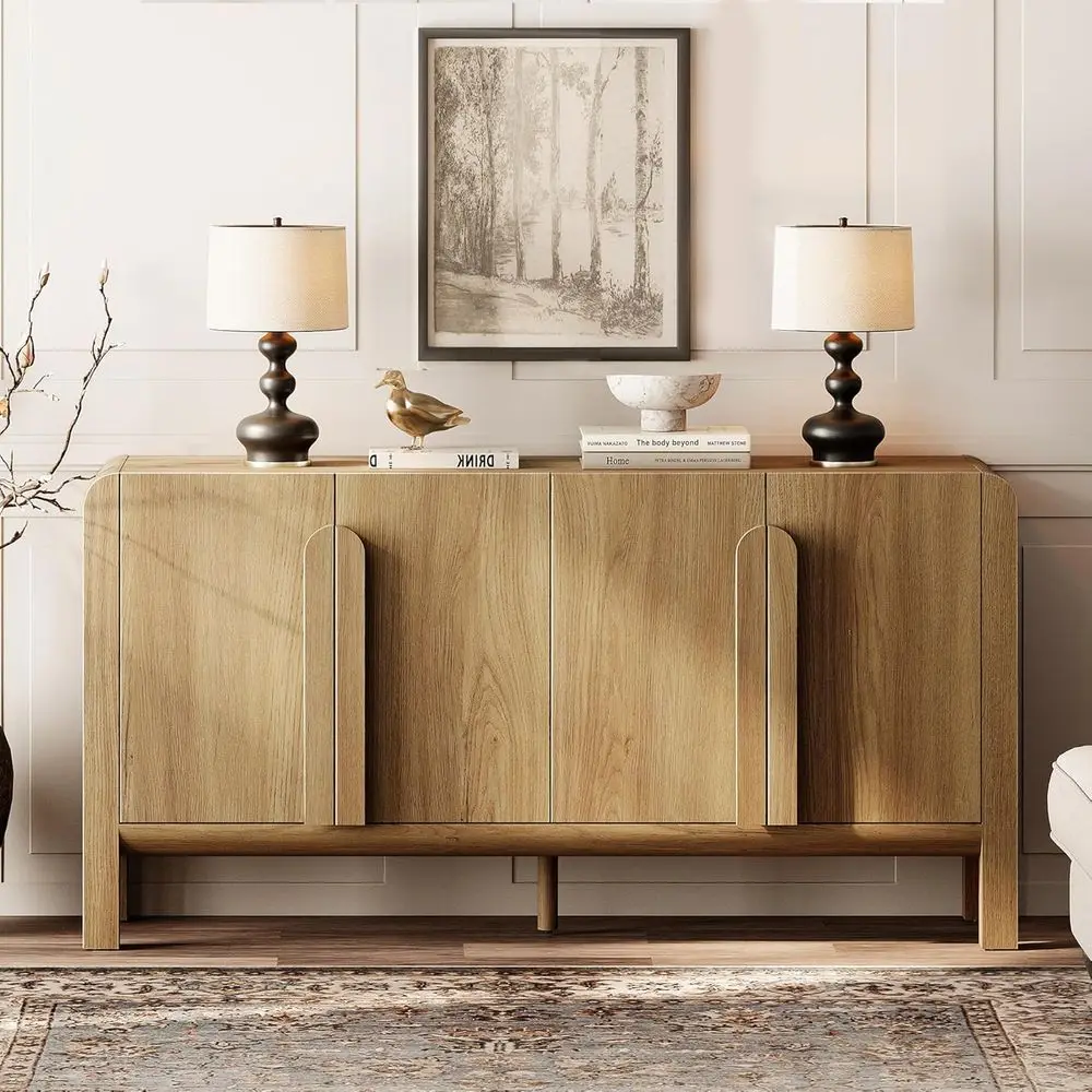Large 63 Wide Walnut Curved Sideboard with Storage, Ideal for Dining & Living Rooms