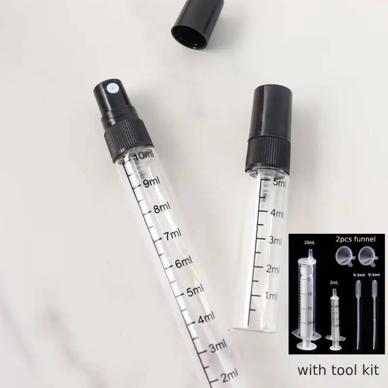 50 pz 5 ML/10 ML Mini Bottiglia di Vetro Trasparente con kit di strumenti Nebbia Atomizzatore Fiala Spray Profumo Riutilizzabile Bottiglia di Campione Vuota Dram
