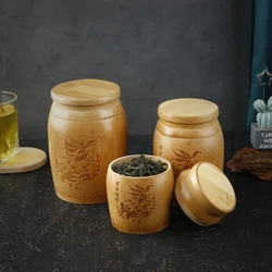 Chinese Carved Tea Canister Handmade Bamboo Tea Storage Box Food Spice Organizer Case Lid Seal Kitchen Storage Jars Accessories