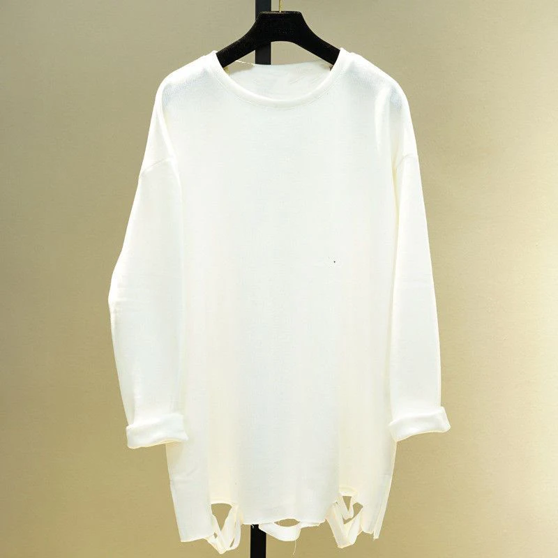 

Spring Fall Solid Ripped Hole Long Sleeve Women Round Neck T Shirts Fashion All-match Casual Oversized Basic Clothing Tops Black