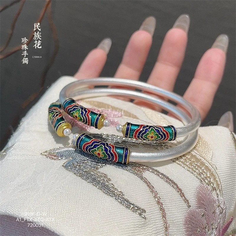

Серебряный браслет 999.9 пробы с эффектом сгорания, новый, с открытым жемчугом, в этническом стиле, аксессуар для рук