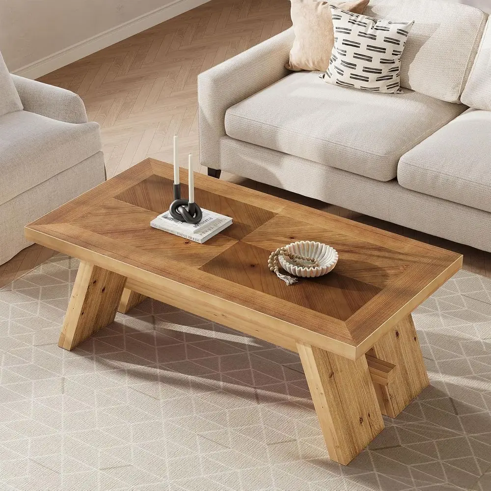 

Solid Wood Coffee Table, 47-Inch Living Room Center Table, Geometric Wood Grain, Brown