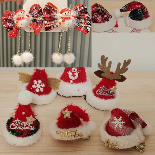 Gorro de Navidad, clip para el pelo, gorro de Papá Noel, clip para el pelo de muñeco de nieve, bonito accesorio para el cabello con copo de nieve de Reno, horquillas para niños