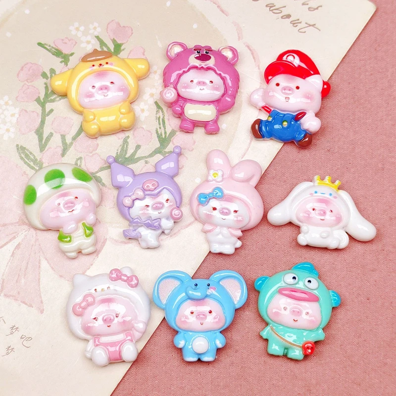 10 Pcs New Cute Bright Surface Cartoon Cross Dressing Piglets Resin Scrapbook Diy Jewelry Wedding Hairpin Decorate Accessories