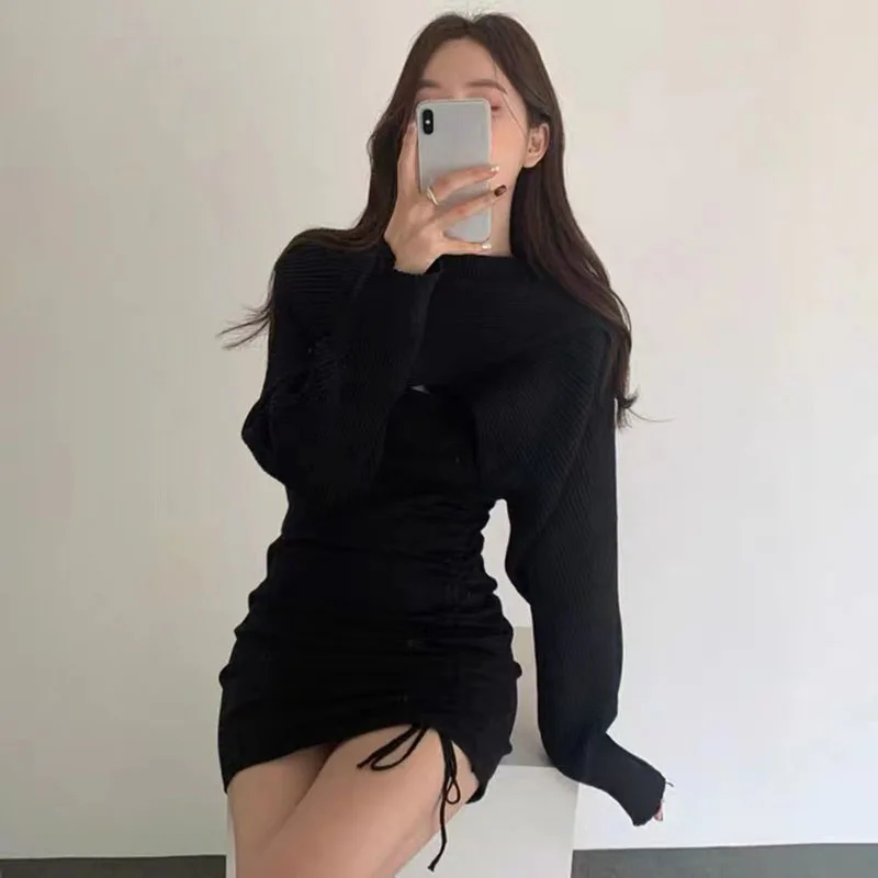 Mini abito aderente lavorato a maglia sexy da donna moda coreana scava fuori abiti corti con coulisse set abito maglione autunno inverno da donna