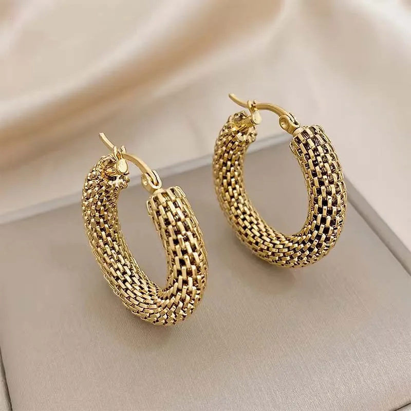 Vintage Gold Color Mesh Round Hoop Earrings For Women Girls Fashion Metal Geometric Hollow Ear Buckle Jewelry Gift