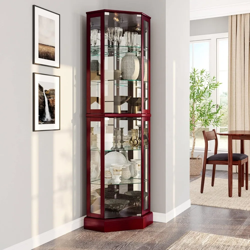 

Lighted Corner Display Cabinet with Curved Shelves Tempered Glass Door Bar Storage and Six Levels Cherry Finish