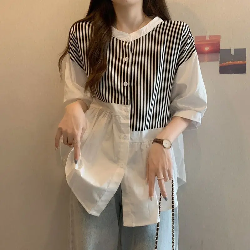 

Summer Loose Striped Fake Two-Piece Shirt Regular Shoulder Short Sleeve Shirt Top