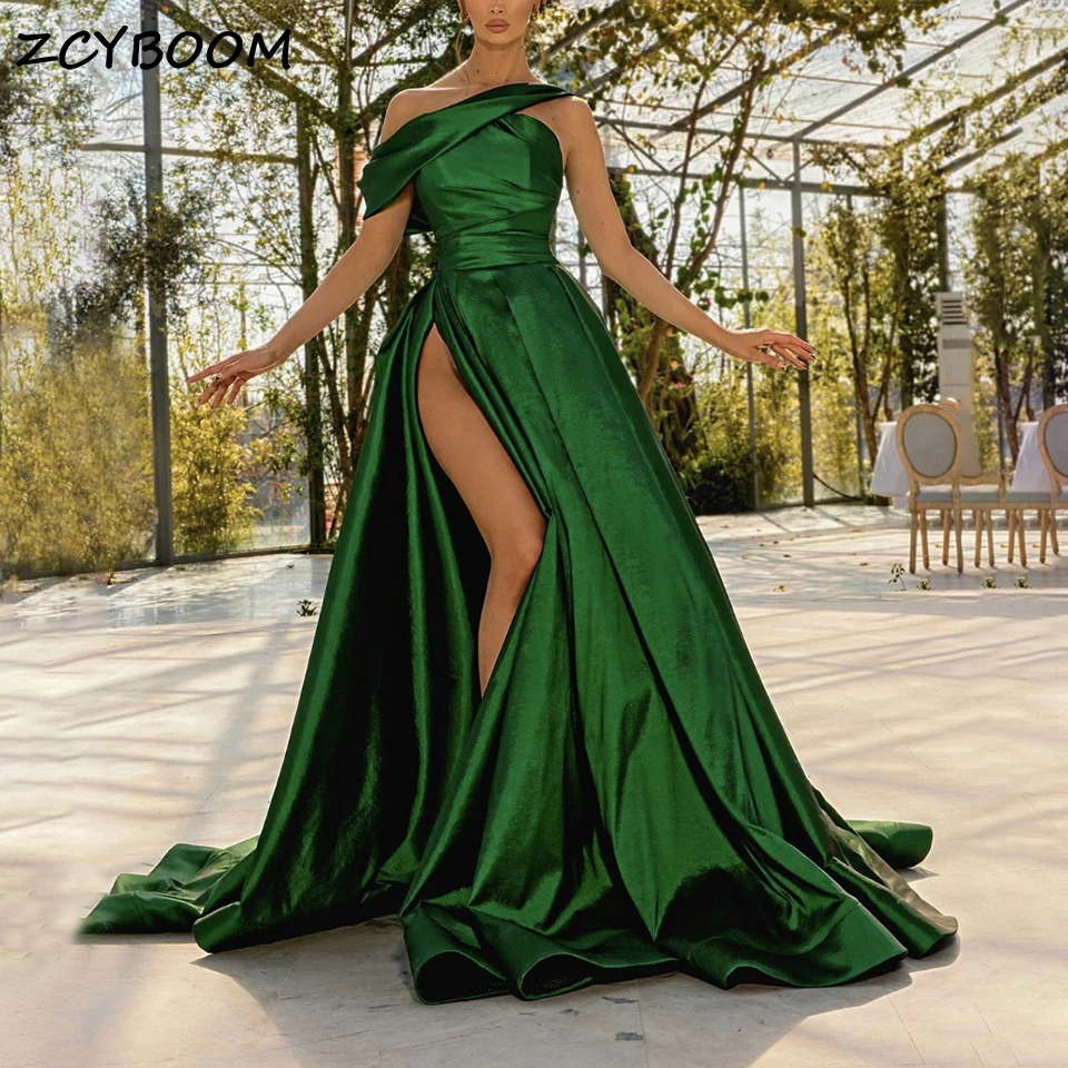 Sexy High Side Slit Deep Green A-Line Evening Dress 2025 One Shoulder Satin Pleated Bridemaid Wedding Party Prom Gowns For Women