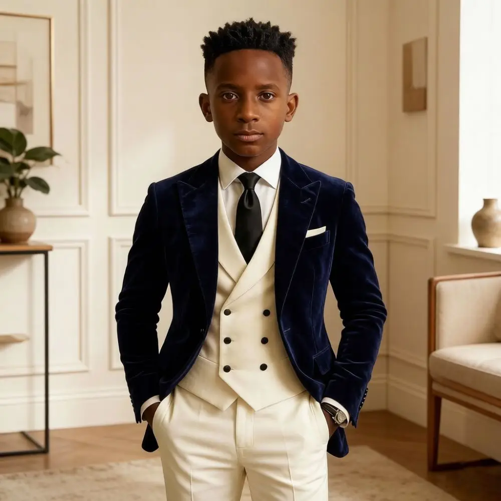 Boy Suits Velvet 3 Pieces Custom Made Formal Wedding Flap Pockets Mix Match School Prom Stage Performance New Year Ball Wear