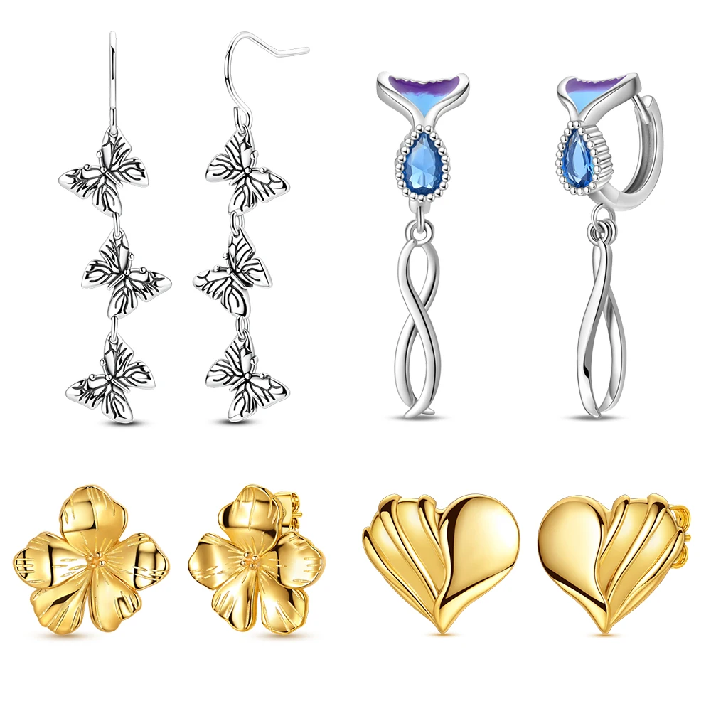 925 Sterling Silver Tail Tassel&Butterfly Chain&Striped Heart&Golden Flower Earrings Ladies' Classical Jewelry