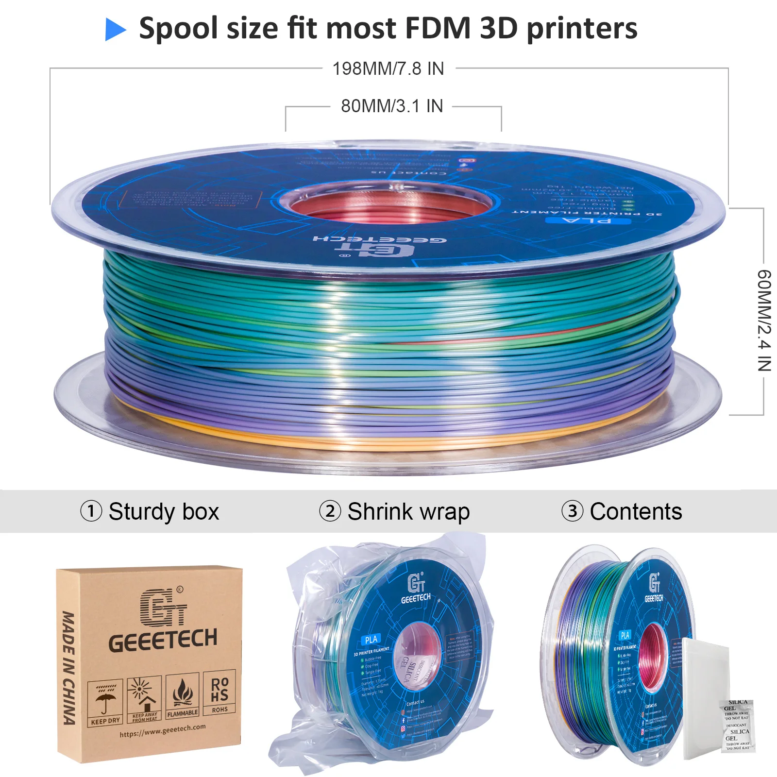 Geeetech Silk PLA Filament for 3D Printer 1.75mm Dimensional Accuracy +/- 0.03mm High Quality 3D Printing Material 1kg Spool (2.