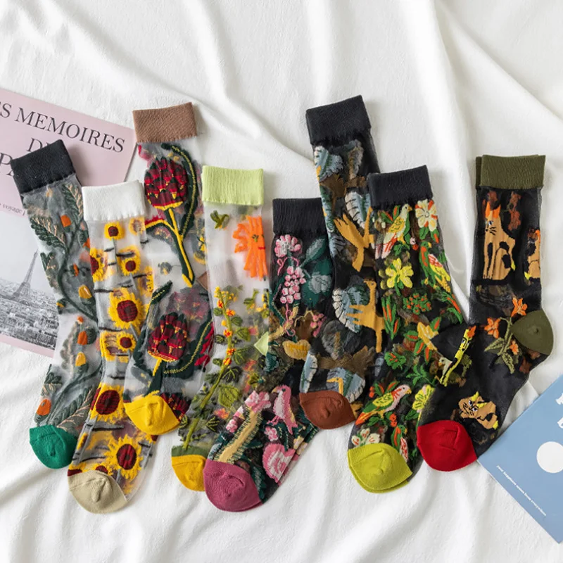 Women Transparent Socks Ladies Crystal Glass Silk Socks Summer Thin Flowers Birds Art Cat Animal Print Harajuku Long Mesh Socks