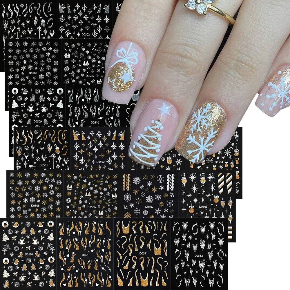12pcs Glitter Christmas Nail Art Stickers Decals Self-Adhesive Snowflake Santa Hat Nail Sticker Winter Holiday Nail Accessories