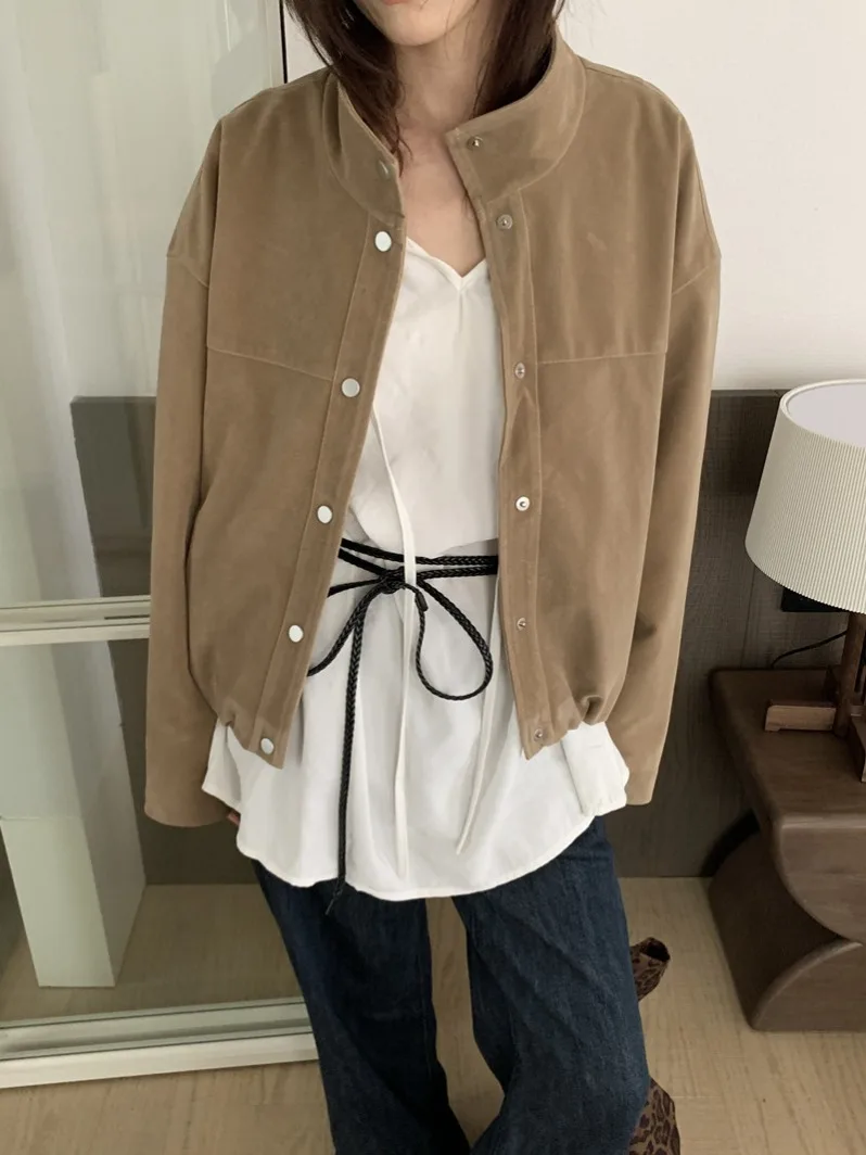 Retro Leather Velvet Long Sve Jaet Women's Loose Fit Stand Collar Autumn New Sle Versatile Outerwear Casual Top