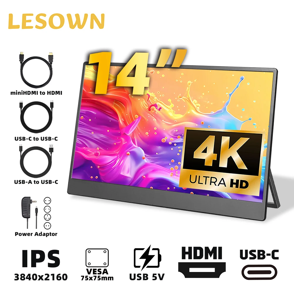 

LESOWN 11.6 14 16 Inch IPS Portable LCD Monitor Full HD 1080P Travel Display Laptop Extended Screen with Stand for Linux Android
