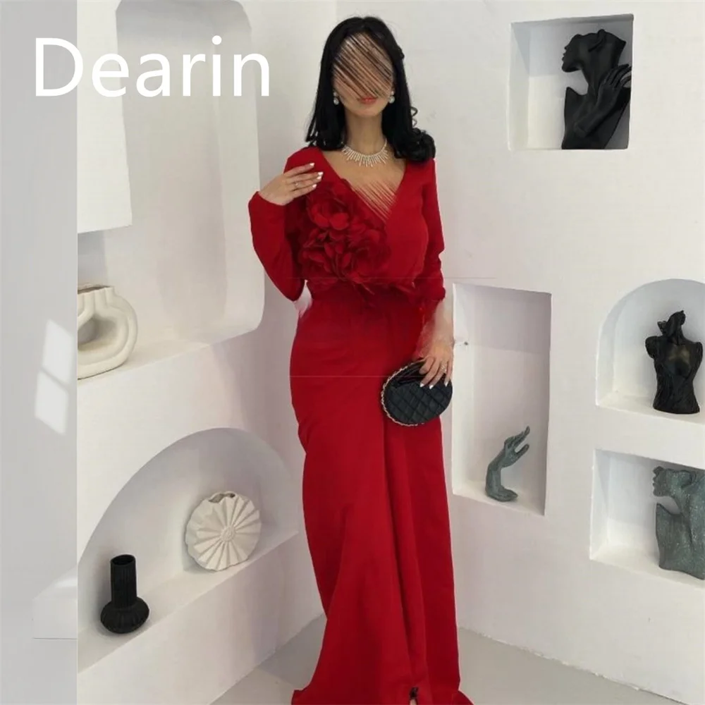 

Customized Evening Gown Dearin V-neck Column Floor Length Skirts 3D Flower Bespoke Occasion Dresses Prom Saudi Arabia Formal Dre