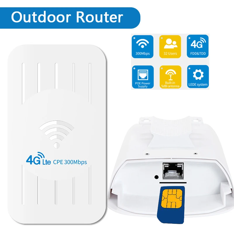 EATPOW-Extensor WiFi com cartão SIM, à prova d'água, ao ar livre, 4G, LTE, longo alcance, 32 usuários, 300Mbps, 100 Mbps