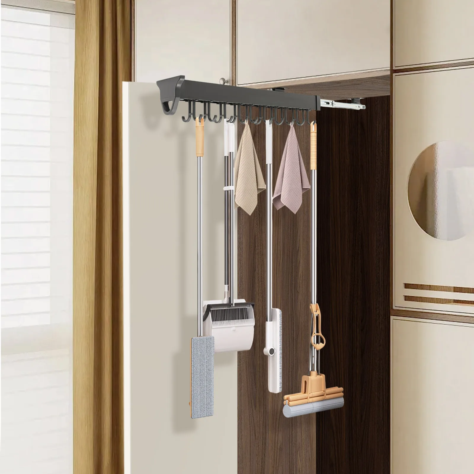 

Выдвижная настенная полка для хранения, 20 крючков, сверхмощный органайзер для швабры для метлы, выдвижной держатель для инструментов для крепления в шкафу