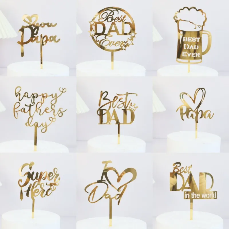 2023 Happy Father's Day Birthday Cake Topper Gold Black Dad Is My Hero Super Dad Acrylic Cake Toppers Party Dessert Decoration