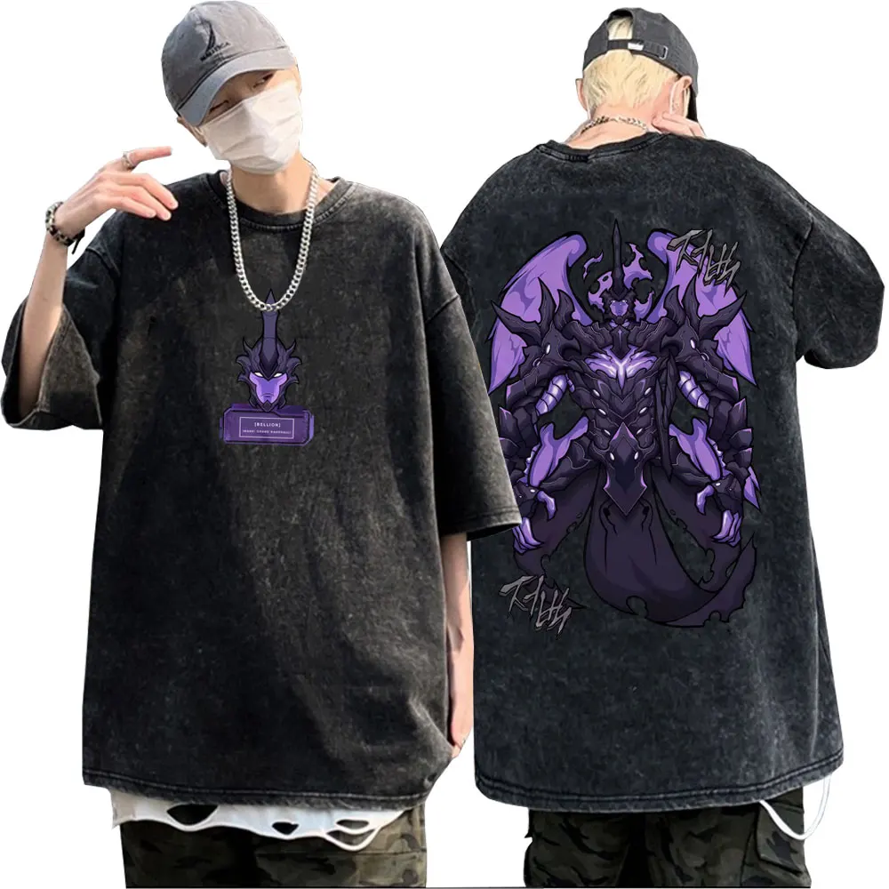 

Anime Solo Leveling Sung Jin Woo Bellion Washed Vintage T-shirt Men Women Hip Hop Oversized Tshirt Unisex Casual Cotton T Shirt