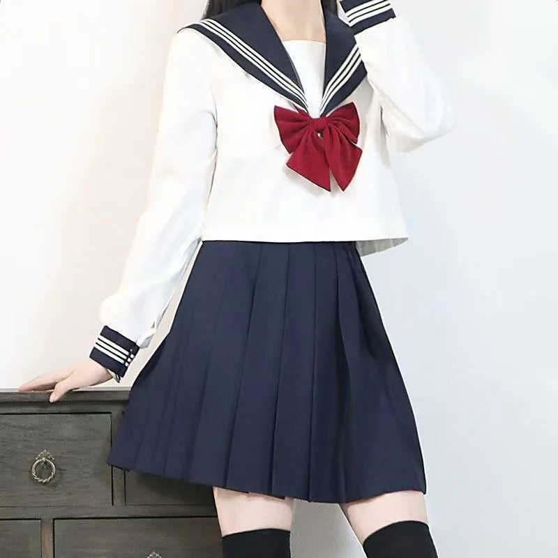 Abito Jk per ragazza uniforme scolastica giapponese Abito sexy a maniche lunghe da donna con tre uniformi da marinaio di base bianche con cravatta rossa primaverile e autunnale