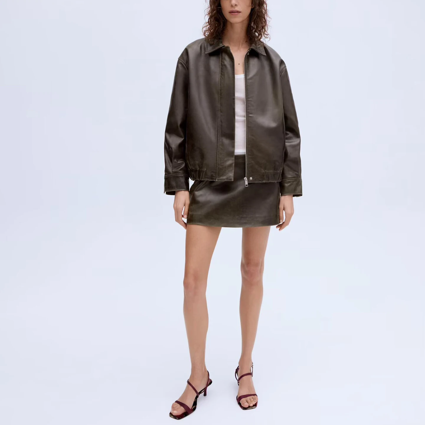 Ele Women's Leather Jaet Commute Sle Loose Fit Long Sve Zipper Closure Faionable Autumn New Arrival Z