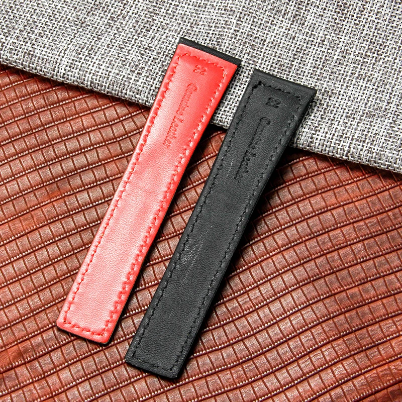 22mm original sem costura montagem interface plana pulseiras para tag heuer série super respirável pulseira de couro de vaca genuíno preto