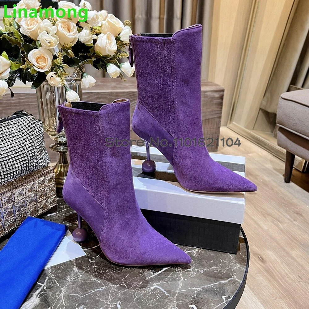 Pointed Toe Strange Ball Heel Boots For Female Women 2024 Winter New Ankle High Frosted Leather Back Zip Solid Elegant Shoes image 2