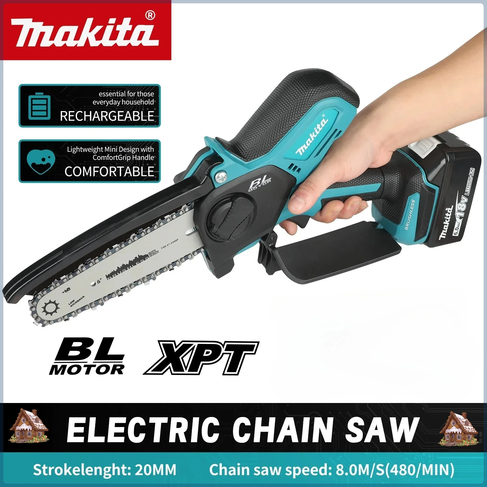 Цепная пила Makita, 8-дюймовая электрическая пила, ручная портативная бензопила для лесозаготовок по дереву, садовая обрезка, электроинструмент по дереву