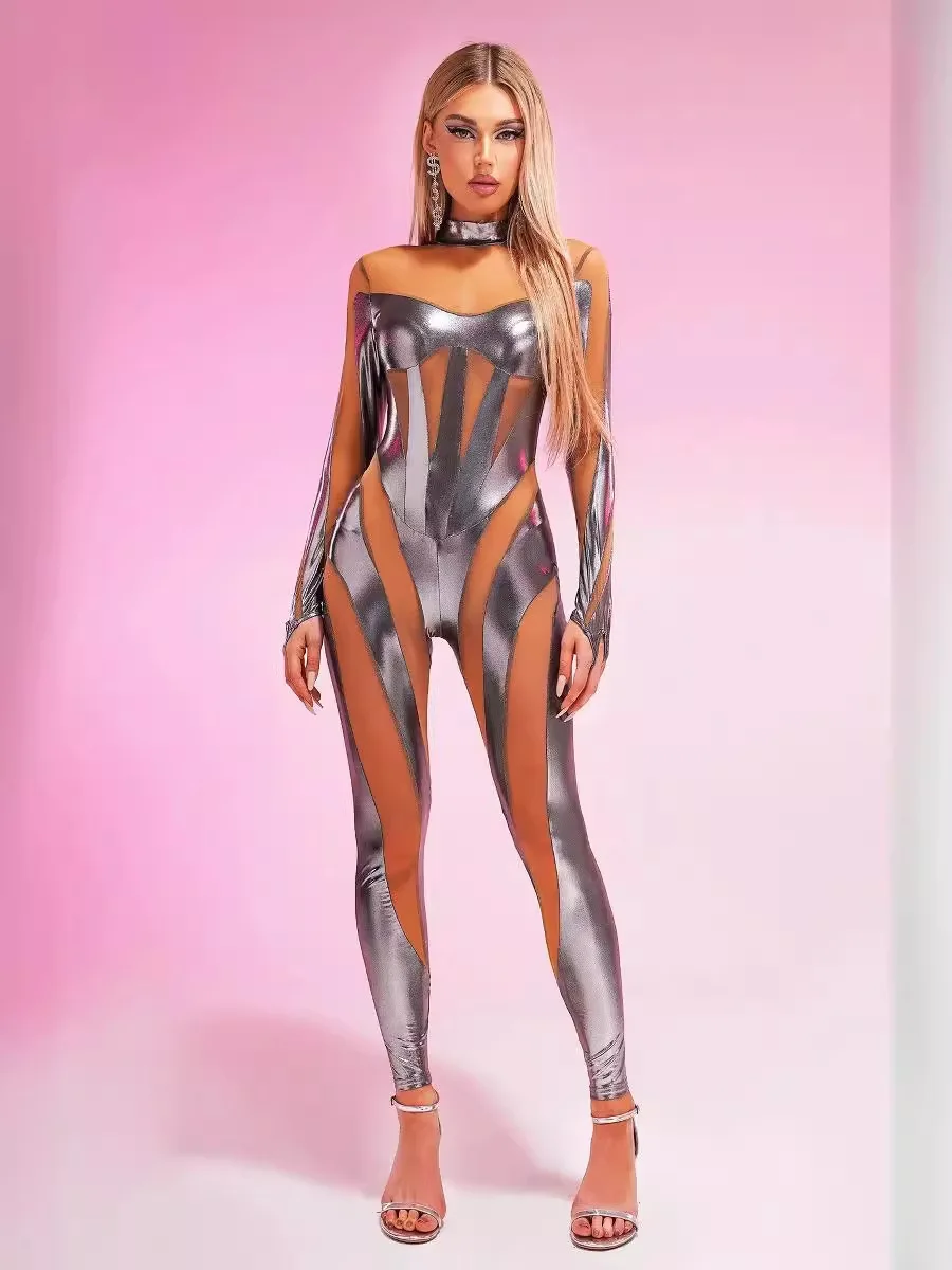 Cyber Futuristic Mechanical Sexy Tight Jumpsuit Women Punk Mesh Patchwork Bodysuit Cosplay Party Performance Costumes Zentai