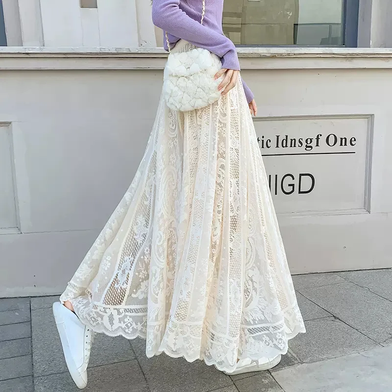 

New Women Spring Summer Fairy Lace Skirt Fashion Palace Style High Waist Crochet Lace Long Skirt Solid Color A-Line Skirt