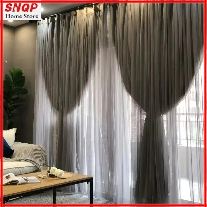 

European Luxury Double-layer Lace Dark Gray Tulle Curtains for Living Room Bedroom Dining Room Blackout Elegant Window Custom
