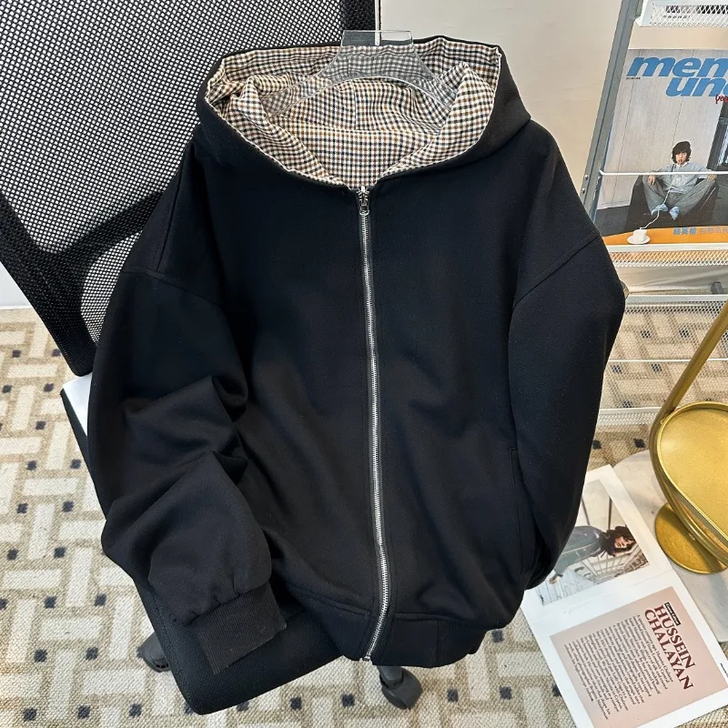 Korean Style Double-sided Checkered Hooded for Women Autumn Winter Oversized Loose Zip Up Hoodie Sweatshirtc Coat Y2k Clothes